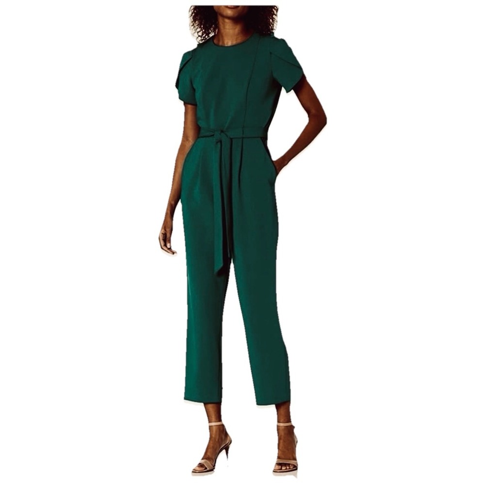Calvin Klein Green Puff Sleeve Belt Stretch Wide Leg‎ Crop Jumpsuit 12 Pockets